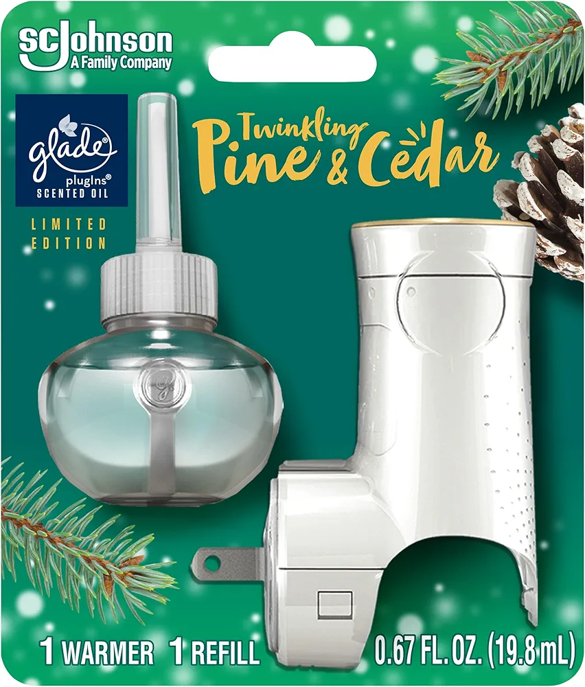 Glade PlugIns Refills Air Freshener Starter Kit, Scented and Essential Oils for Home and Bathroom, Twinkling Pine & Cedar, Limited Edition Scent, 0.67 Fl Oz, 1 Warmer + 1 Refill