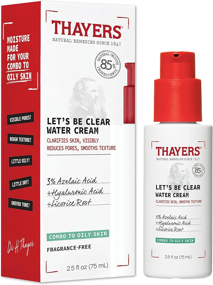 THAYERS Let's Be Clear Water Face Cream, Moisturizer with Azelaic Acid and Hyaluronic Acid, Skin Care for Combination to Oily Skin, 2.5 Oz