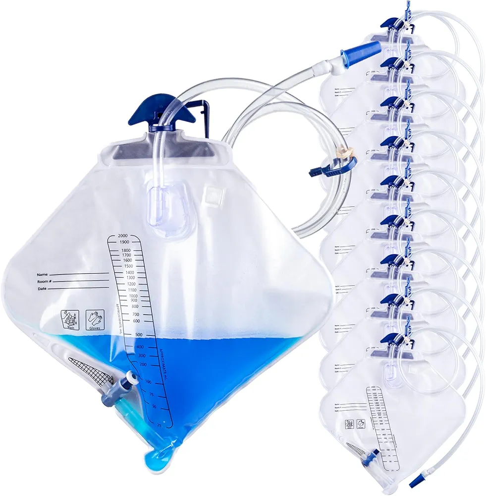 Urinary Drainage Bag with with 2000ml Volume Urine Bag with Anti-Reflux Chamber, 48" Drainage Tube Leak Resistant Proof, Clips and Hang Hook for Home and Hospitals Health Aids, 10 Pack