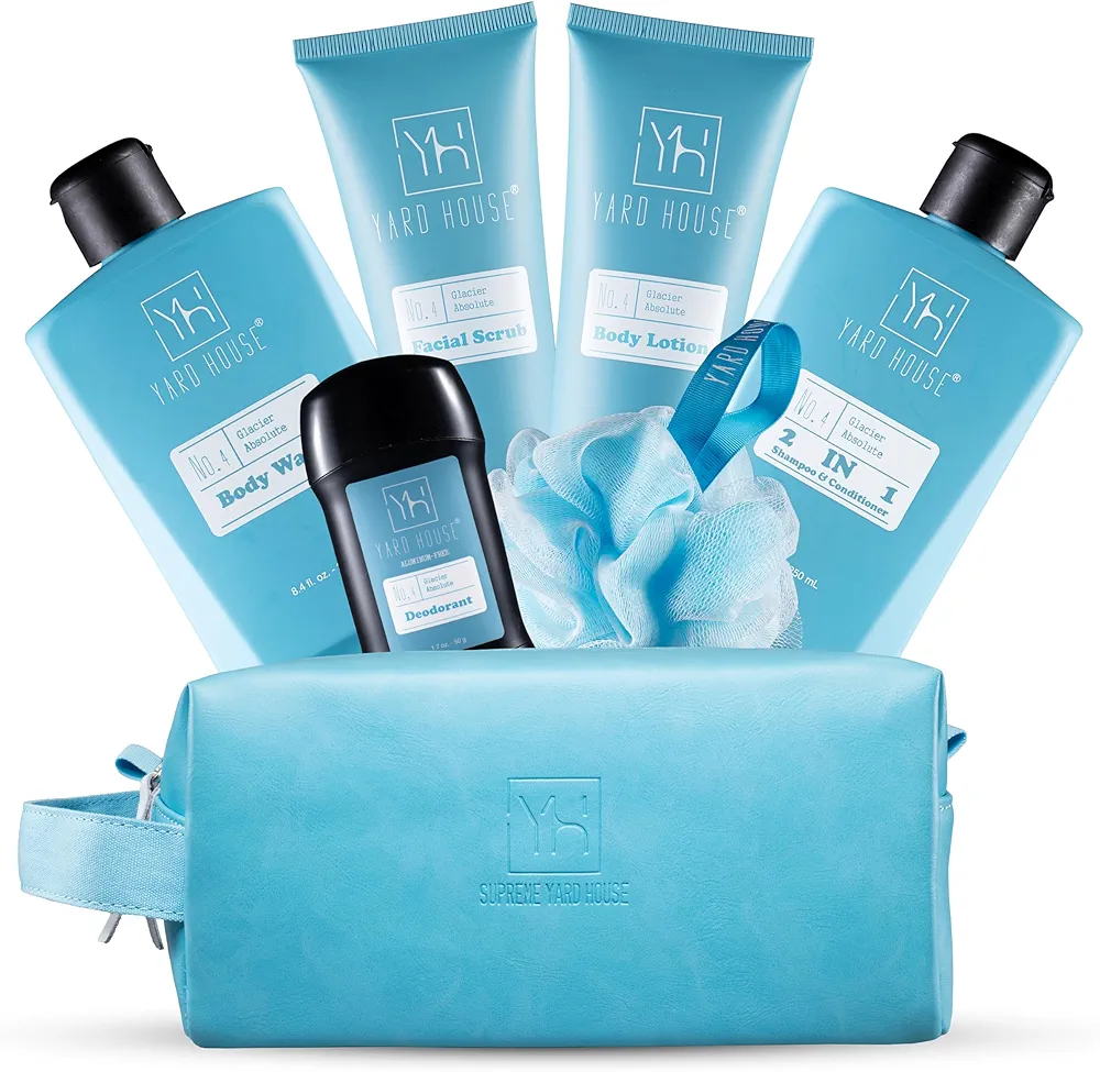 Bath and Body Mens Gift Set - Glacier Absolute - Premium Fathers Day Birthday Christmas Gifts Ideas For Him - Skin Care Kits For Men in Leather Toiletry Bag w. Full Size Items