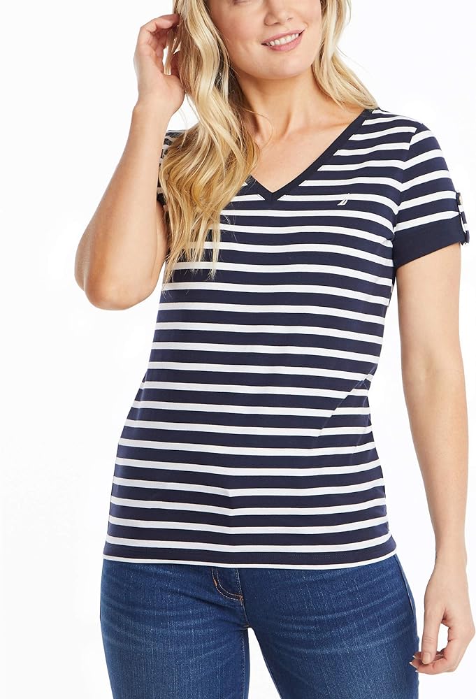 Nautica Women's Easy Comfort V-Neck Striped Supersoft Stretch Cotton T-Shirt