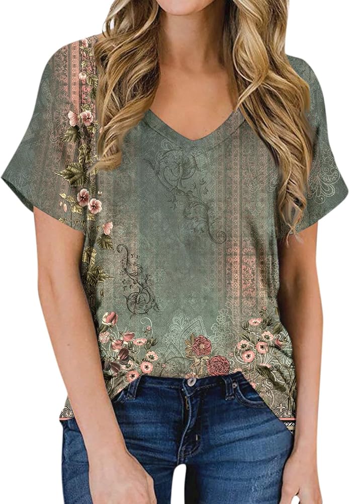 Womens V Neck Short Sleeve Tops Blouses Floral Graphic Tees 2024 Tshirt T-Shirt Clothes