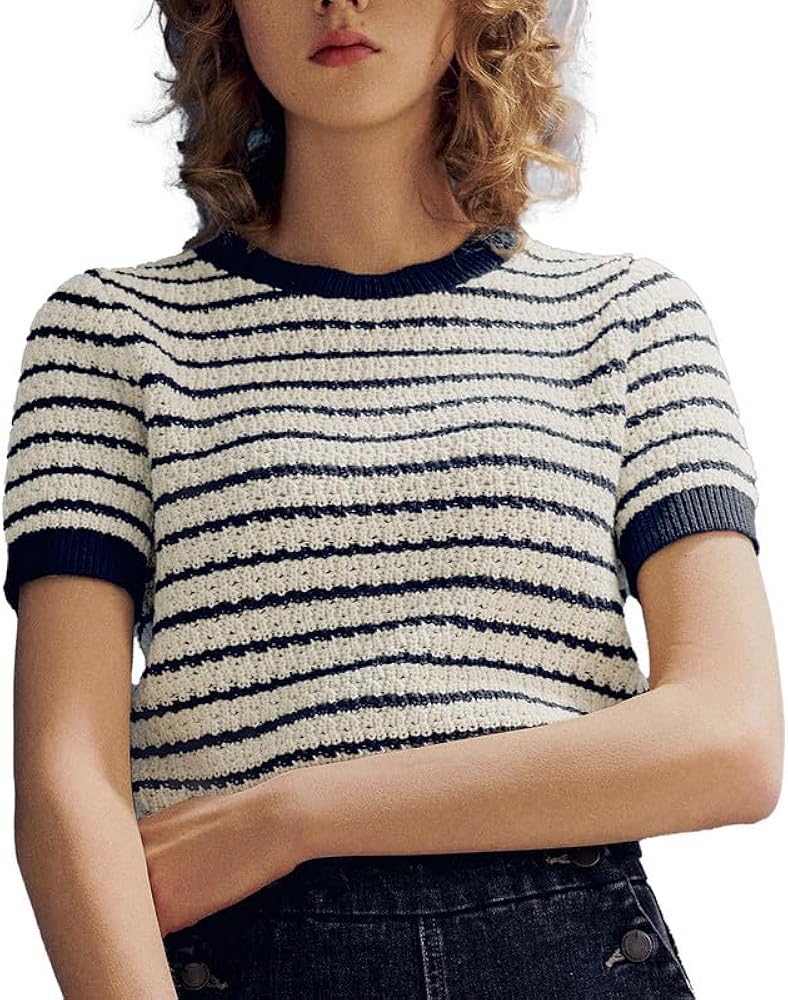 Striped Knit Short Sleeve Sweater for Women Casual Crew Neck Pullover Summer Shirts Trendy Soft Work Tops