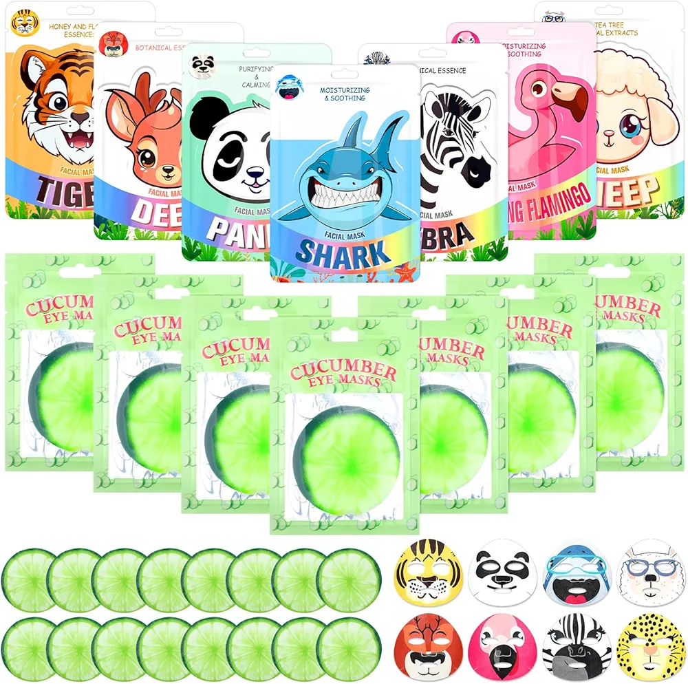 48 Pcs Animal Theme Face Mask Cucumber Eye Pads Sets Animal Character Spa Facial Masks with Cooling Eye Pads Skincare Sheet Mask for Girls Women Teens Spa Day Girls Night Birthday Party