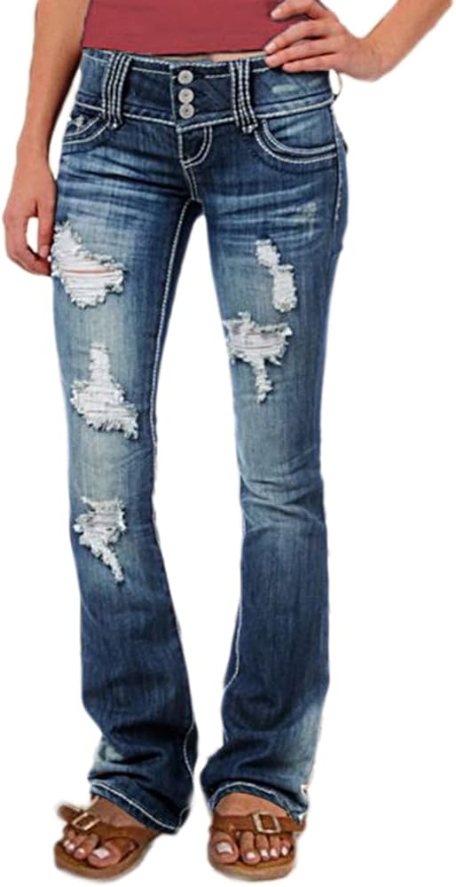 Flamingals Ripped Bootcut Wide Leg Low Rise Jeans for Women Stretch Button Up Denim Pants