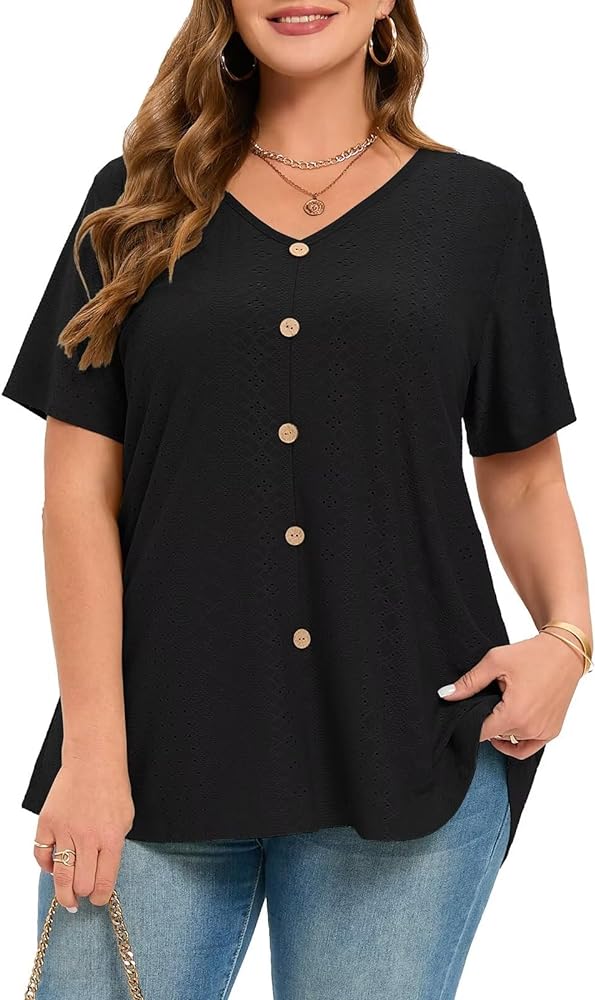 BELAROI Plus Size Tops for Women Summer T Shirts Casual Eyelet Tunics Short Sleeve V Neck Button Blouses Loose Fit Shirts