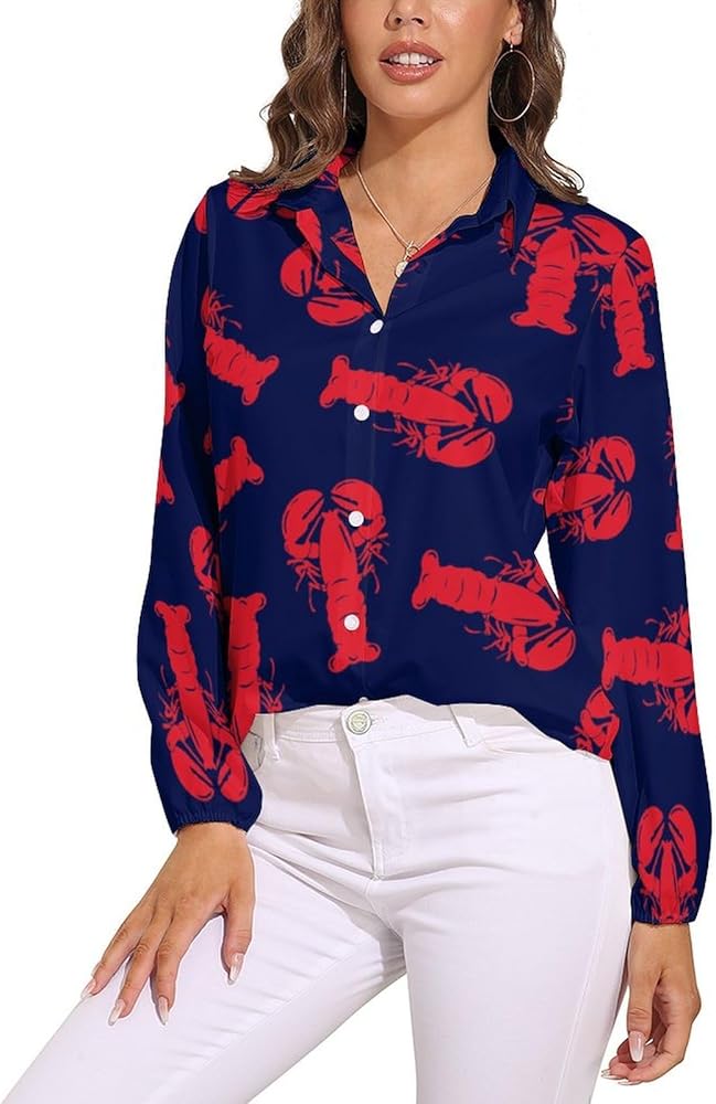 Red Lobster Womens Long Sleeve Shirts V Neck Button Down Blouses Casual T-Shirt Tops