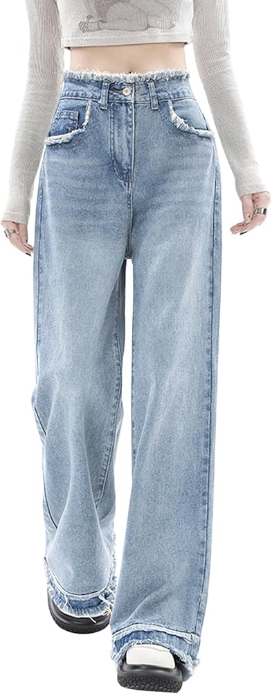 LONGYIDA Baggy Jeans for Women Y2K Stretch High Waisted Straight Wide Leg Denim Jeans Trousers