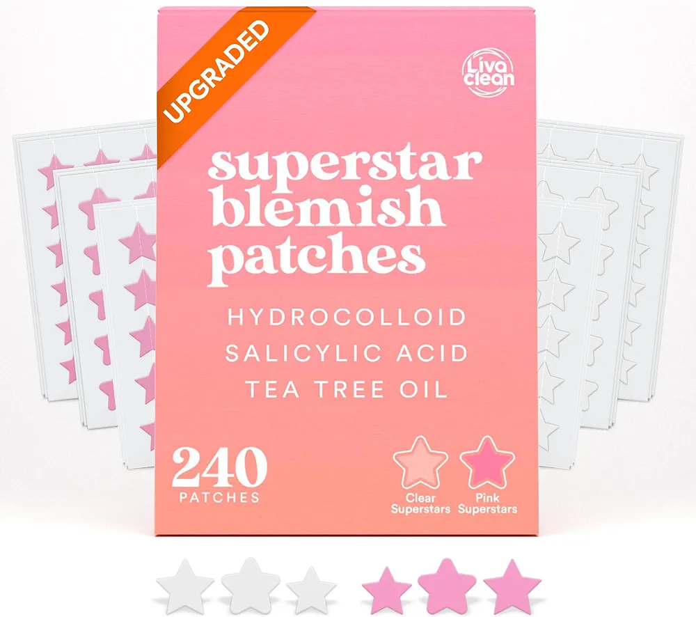 LivaClean Star Blemish Patches (240CT) - Salicylic Acid & Tea Tree Oil - Clear & Pink Pimple Patch Cute - Acne Patches Star - Cute Pimple Patches - Star Pimple Patches for Face - Star Pimple Patches