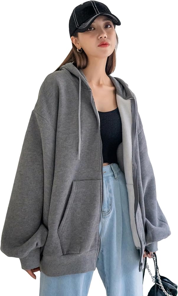 SweatyRocks Women's Causal Drop Shoulder Long Sleeve Sweatshirts Oversized Full Zip Solid Hoodie with Pocket