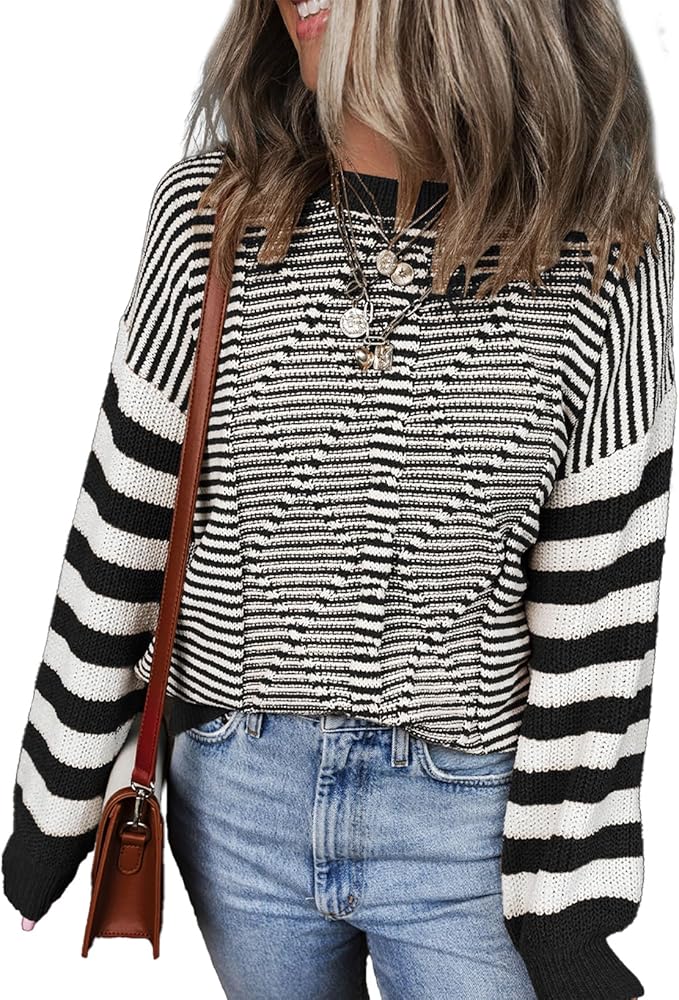 EVALESS Womens Striped Sweaters Fall Winter 2024 Trendy Fashion Cable Knit Pullover Sweater