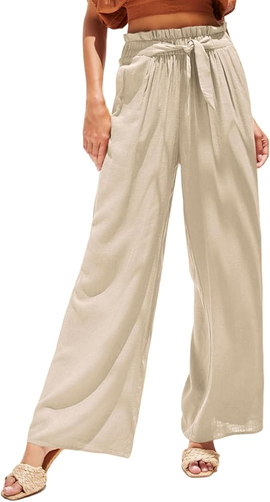 Dokotoo Casual Wide Leg Pants for Women Elastic High Waist Tie Solid Lounge Pants with Pockets