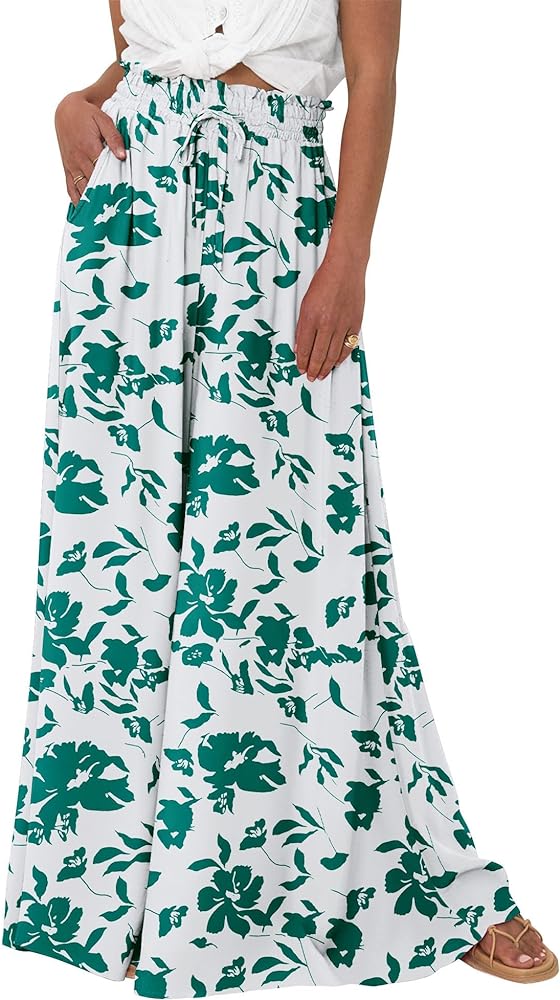 Women Casual High Waist Wide Leg Pants Floral Solid Long Palazzo Pants Lounge Summer Beach Trousers with Pocket