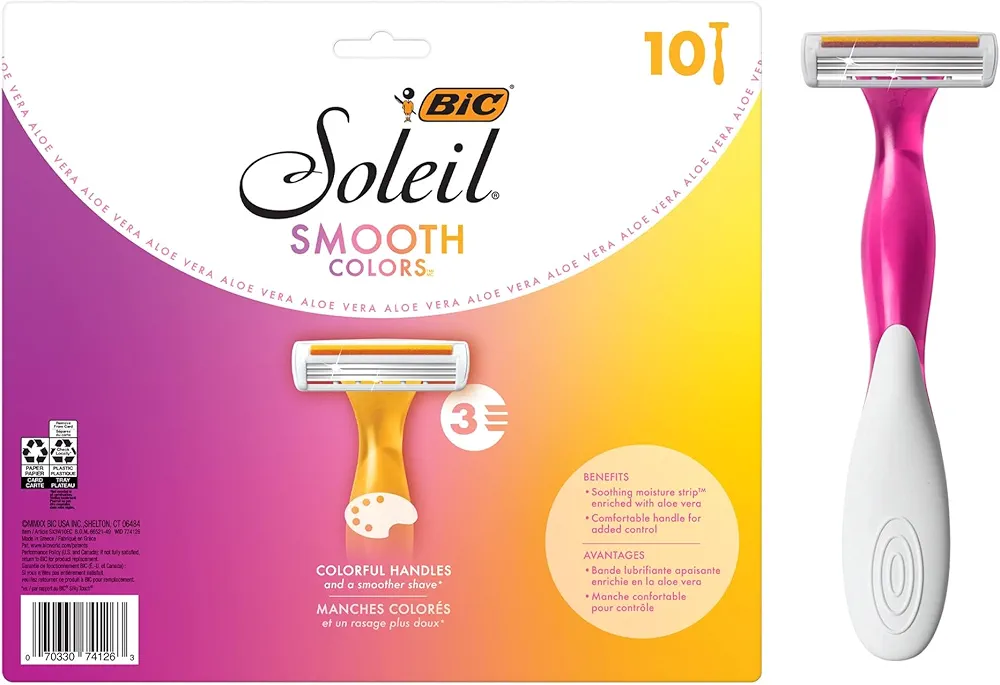 BIC Soleil Smooth Colors Women's Disposable Razors With Aloe Vera and Vitamin E Lubricating Strip for Enhanced Glide, With 3 Blades, 10 Count