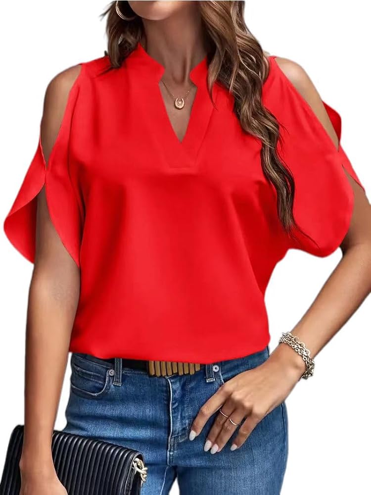 Women's Cold Shoulder Tops Summer Fashion Short Sleeve V Neck Casual Loose Solid Color Blouse Shirts