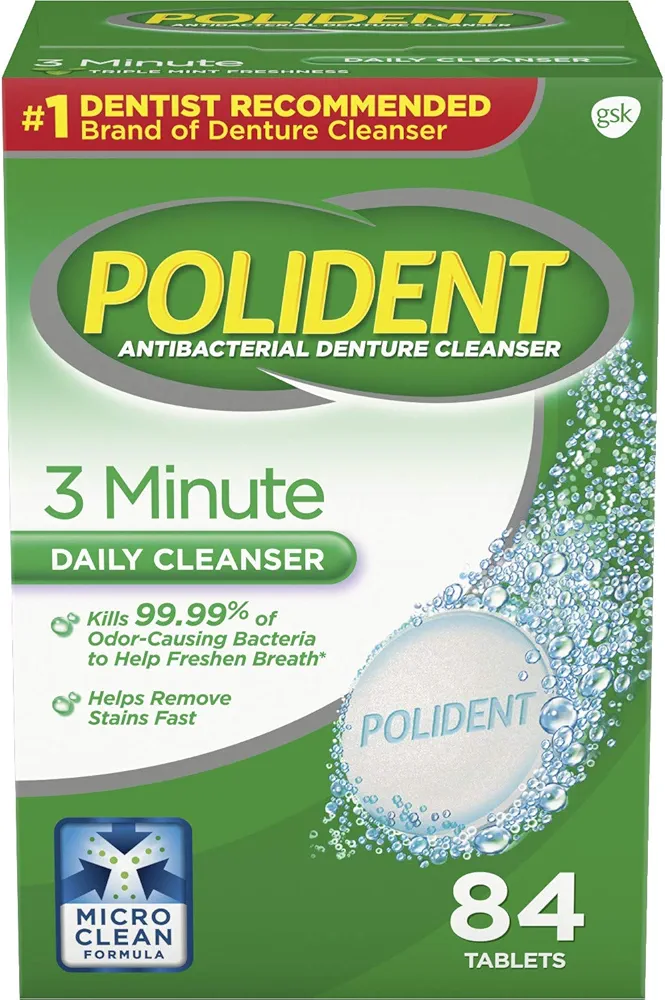 Polident 3 Minute Triple Mint Antibacterial Denture Cleanser Effervescent Tablets, 84 count (Pack of 1)