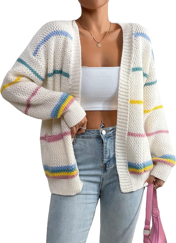 SHENHE Women's Open Front Colorful Striped Drop Shoulder Oversized Cardigan Sweater