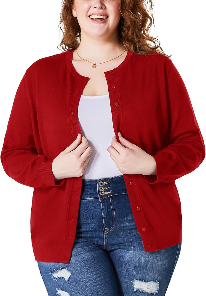 GRACE KARIN Women's Plus Size Cardigans Long Sleeve Button Down Crew Neck Knit Cardigan Sweater