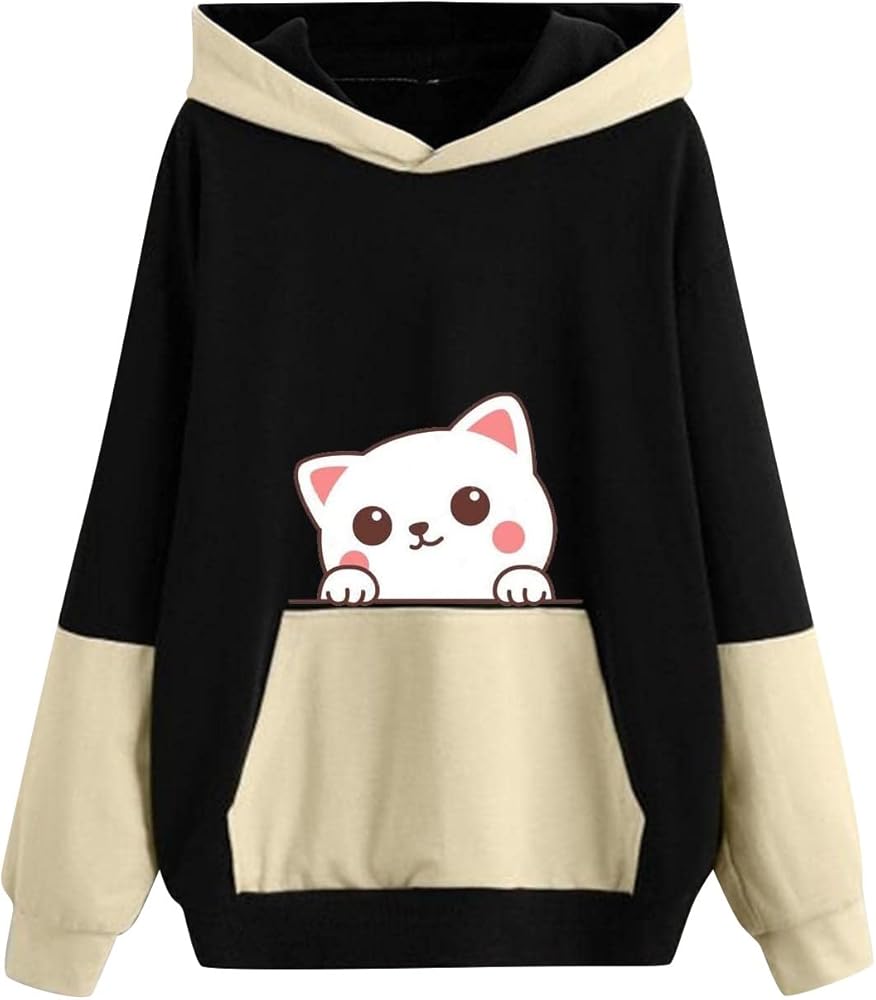 RMXEi Women's Loose Fleece Thick Long Sleeve Pocket Hoodie Print Colorblock Pullover Top