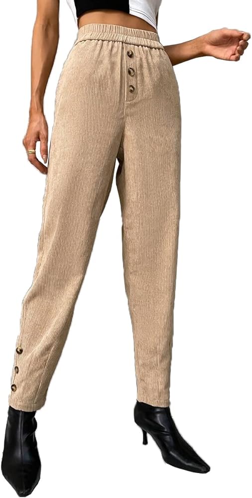 Women Corduroy Pants Elastic High Waisted Baggy Wide LegTapered Y2k Straight Harem Ankle-Length Pants with Pockets Apricot