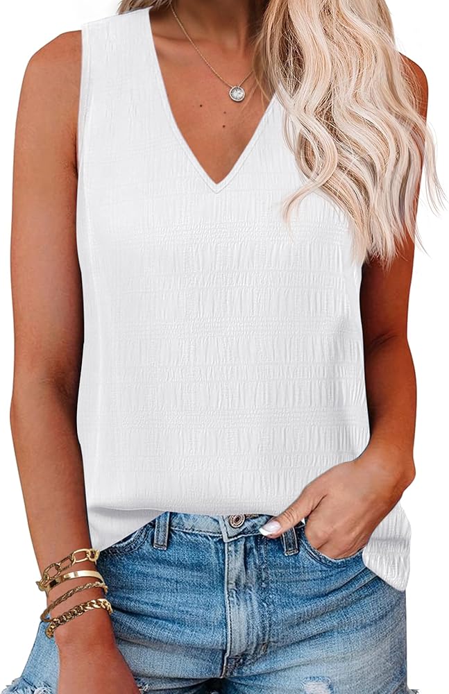 Zeagoo Summer Tank Top for Women V Neck Textured Camisole Blouses Sleeveless Casual Basic Beach Vacation Cami Shirt