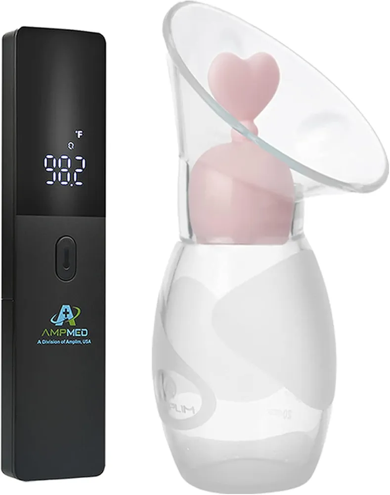 Amplim Deluxe Manual Silicone Breast Pump and No Touch Forehead Thermometer for Babies and Adults | Bundle Pack