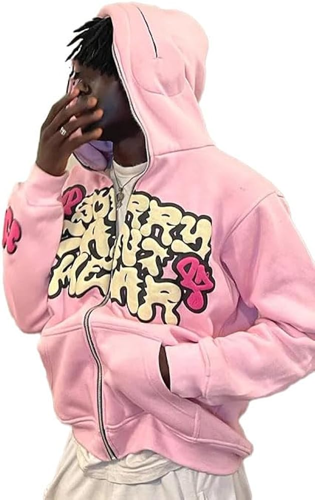 Harajuku Jacket Letter Print Coat Men Women， Pink Full Zip Hooded Sweatshirt Y2k Oversized Hoodies