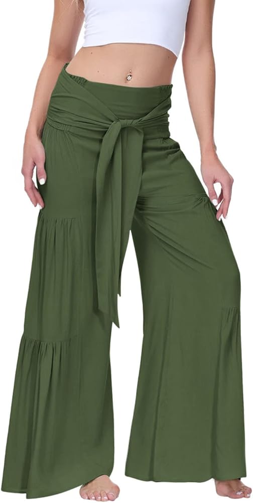 hathne Women's High Waist Wide Leg Pant Tie Front Smocked Pant Casual Flowy Pants