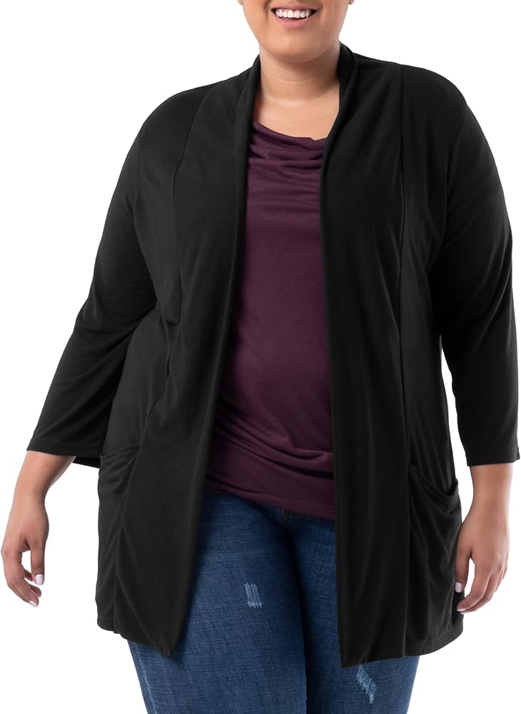 Wright's Women's Plus Size 3/4" Sleeve Draped Open Front Jersey Pocket Cardigan