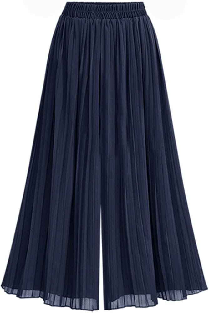 Women's Chiffon Wide Leg Pants Plus Size Elastic Waist Pleated Beach Culottes Solid Color Casual Loose Pant Skirts