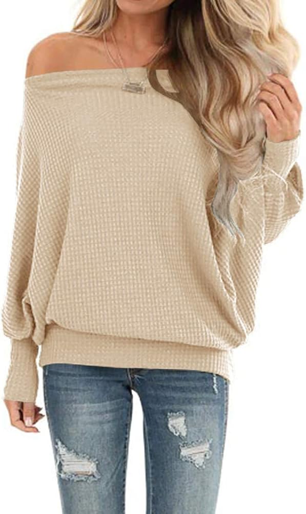 Lacozy Women's Off The Shoulder Tops Waffle Knit Oversized Sweatshirt Long Sleeve Tunic Shirts Pullover Sweaters