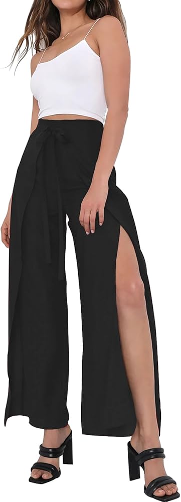 LuFeng Women's Elegant Tie Front High Waist Belted Flowy Side Split Wide Leg Long Casual Pants