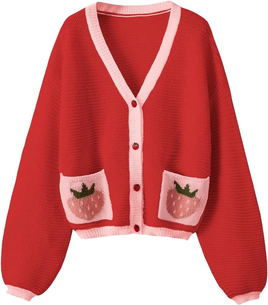 SHENHE Women's Strawberry Pattern Open Front Bishop Sleeve Casual Cardigan