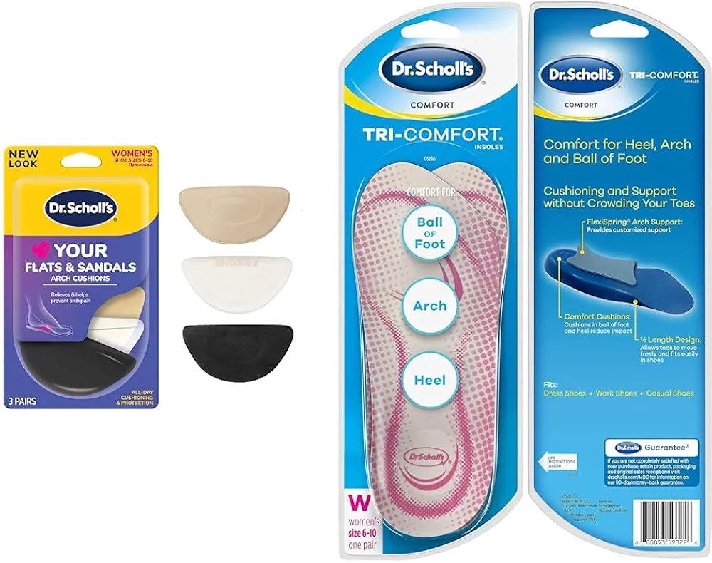 Dr. Scholl's Women's Arch Cushions for Flats & Sandals and Tri-Comfort Insoles Bundle, 1 Pair Each, Size 6-10