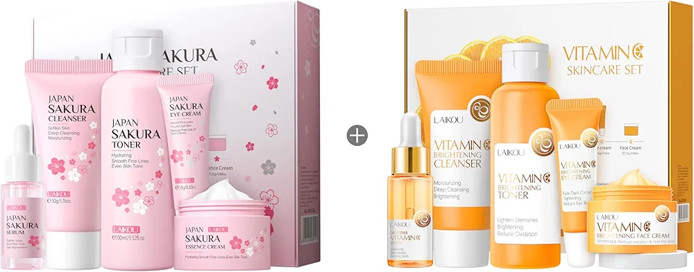 Skin Care Power Duo Box, LAIKOU Japan Sakura Skin Care Kit + LAIKOU Vitamin C Skin Care Kit, Daily Skin Care Routine, Travel Kit