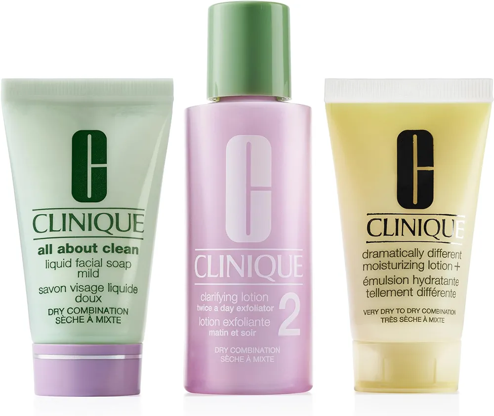 Clinique 3-Step Refresher Course Skincare Set For Dry Combination Skin Types | Cleansing, Exfoliating + Moisturizing