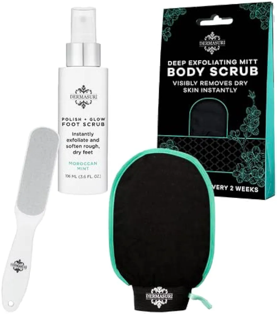 Dermasuri Deep Exfoliating Body Scrub & Foot Scrub Set Bundle - Shower Body Exfoliator Glove, Spa Exfoliation Mitt & Exfoliating Feet Spray, Dry Skin Remover Foot File, Skin Care Spa Treatment Product