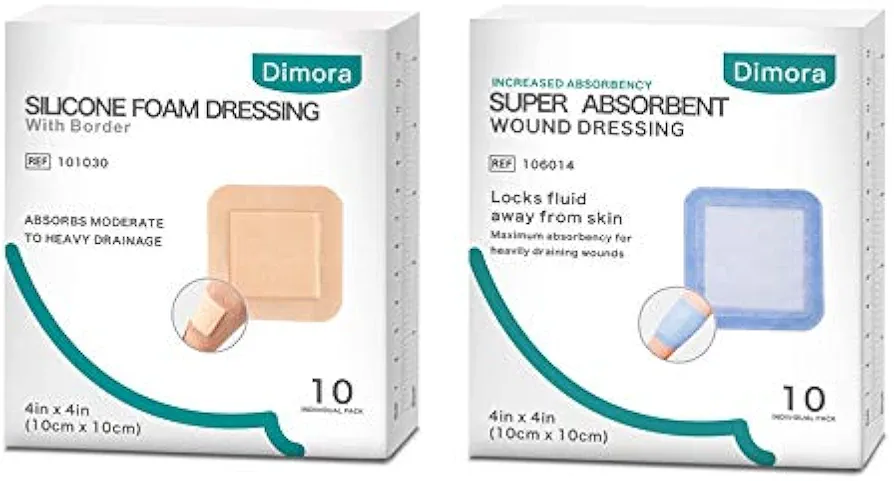 Silicone Foam Dressing with Border Adhesive Waterproof 4"x4"(10 cm*10 cm) & Dimora Super Absorbent Wound Dressing, with Non-Adherent Contact Layer, 4'' x 4''