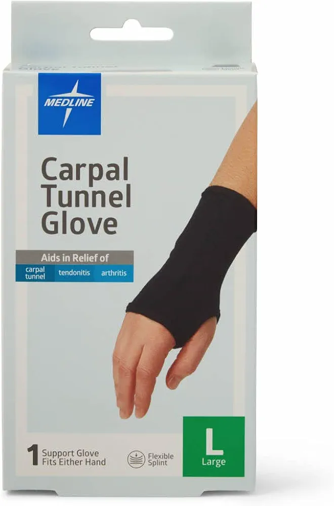 Medline Carpal Tunnel Glove with Flexible Splint, Black, Large, 1 Ct