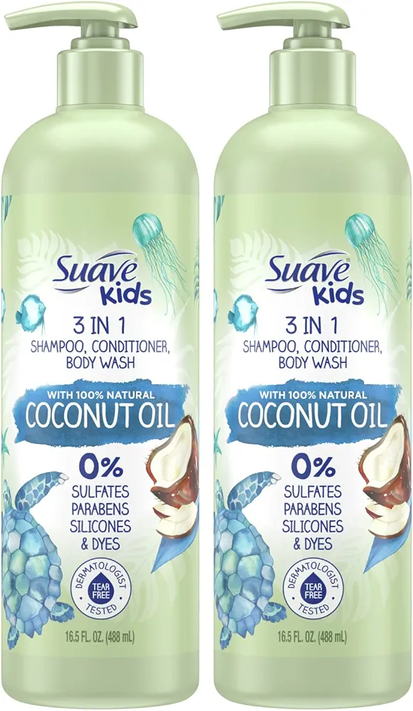 Suave Kids Shampoo and Conditioner 3 in 1 with Kids Body Wash - 100% Natural Coconut Oil, Tear Free Suave Shampoo and Kids Soap, 16.5 Oz (Pack of 2)