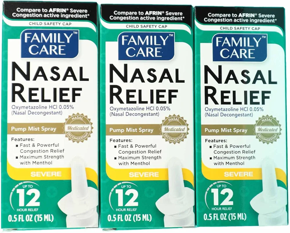 FamilyCare Nasal Relief Spray, Pump Mist, Anti-drip, Severe Congestion, (Oxymetazoline HCI) 12 Hours, 3 Pack