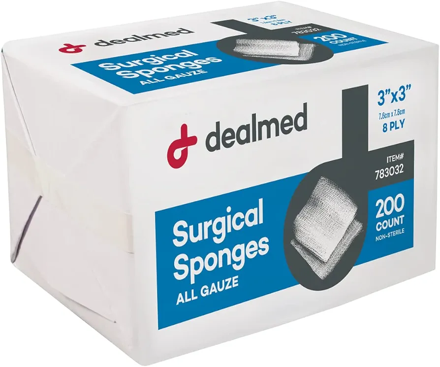 Dealmed 3" x 3" Surgical Sponges, 8-Ply, Non-Woven Absorbent Gauze Sponges for Wound Care, First Aid Kits and Medical Facilities, 200 Count (Pack of 1)