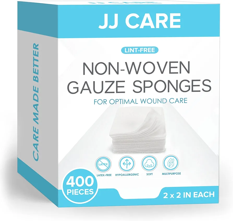 JJ CARE Non Woven Gauze [400 Count], 2x2 Non Woven Gauze Pads for First Aid, 4-Ply Dental Gauze, Lint-Free Esthetic Wipes, Gauze Sponges for Wound Care