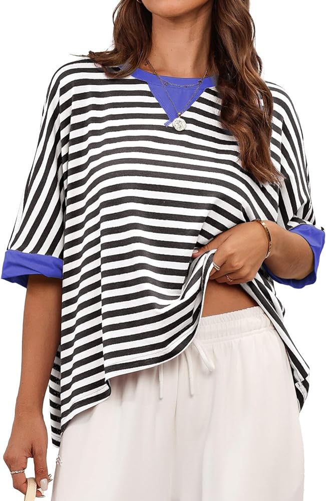 Dokotoo Oversized Tshirts for Women Striped Summer 2024 Women's Fashion Loose Basic Tee