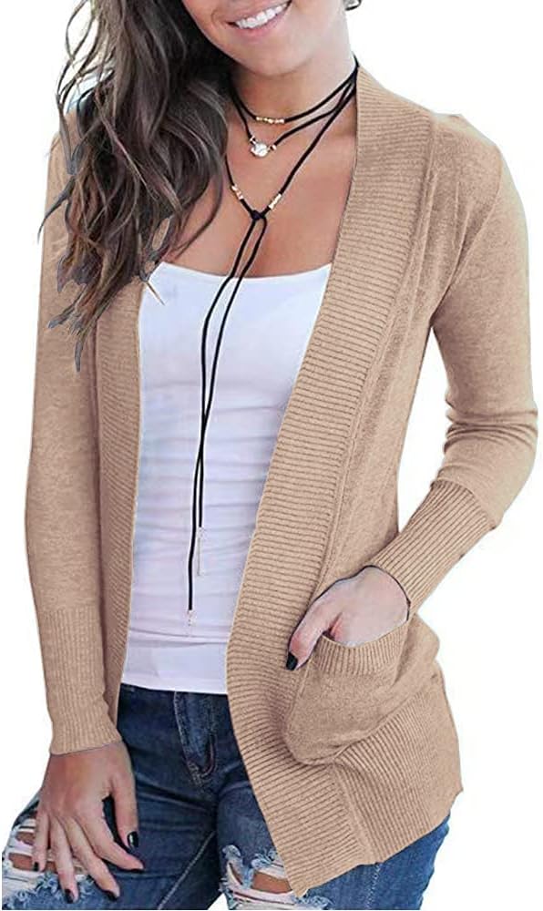 VOIANLIMO Women's Open Front Casual Long Sleeve Knit Classic Sweaters Cardigan with Pockets