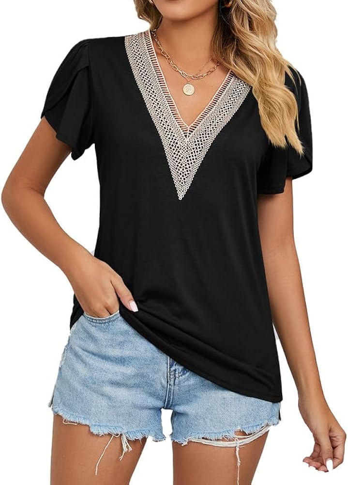 Women's Casual Petal Sleeve Lace Trim V Neck Tops 2023 Summer Loose Tee Shirts Blouse