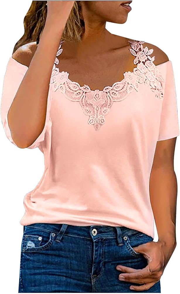 Binmer Women's Summer Short Sleeve Tops Sexy Cold Shoulder Shirts Casual Comfy Lace Splicing V Neck Tees Loose Solid Blouse A-Pink