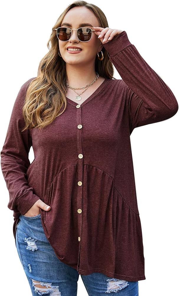 KOJOOIN Women's Petite Plus Size V Neck Tunic Long Sleeve Casual T Shirts Loose Flowy Blouse Top