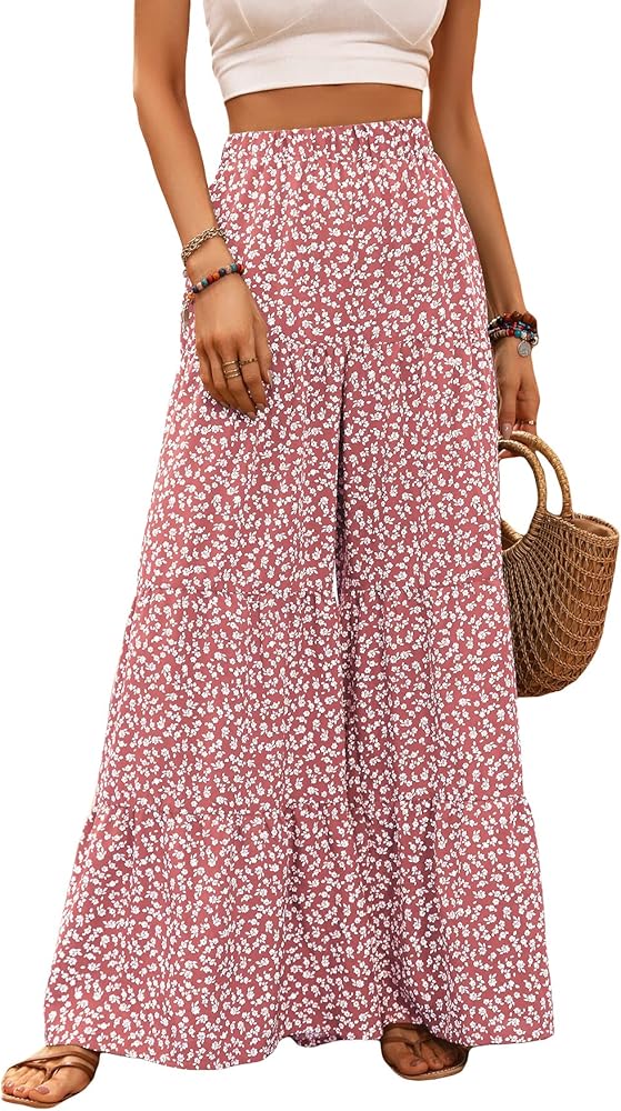 MakeMeChic Women's Floral High Waisted Ruffle Wide Leg Pants Boho Summer Beach Palazzo Pants