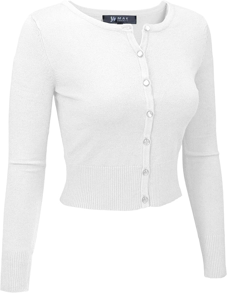 YEMAK Women's Cropped Cardigan Sweater – Long Sleeve Crewneck Basic Classic Casual Button Down Knit Soft Lightweight Top